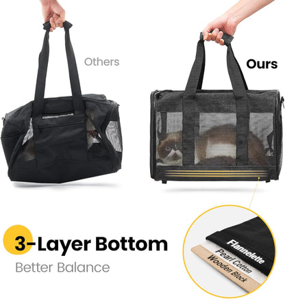 Conlun Cat Carrier Airline Approved, Soft-Sided Dog Carrier with Inner Safety Leash, Pet Transport Carrier for Small-Medium Cats Puppies up to 15 Lbs, Collapsible Travel Kitten Carrier Bag -Black M