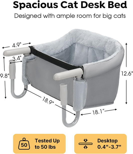 Veehoo Cat Desk Bed, Removable Washable Cats Bed for Desk | Hammock Perch Design, Soft Faux Rabbit Fur Kitten Nest, Fits Various Desktops, Maximum Hold Up to 50lb, 48 x 46 cm, Grey