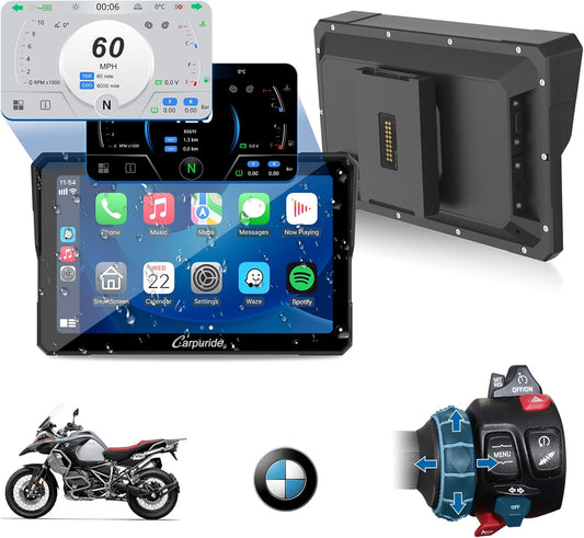 2025 CARPURIDE W702BS PRO for BMW Motorcycle CarPlay & Android Auto Dual Bluetooth, 7" Waterproof GPS Navigation Screen, Data Reading,Native Wonder, TPMS, Light Sensor, Music Sharing, Intercom, 16-Pin