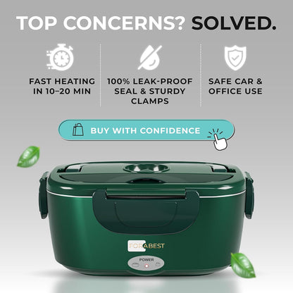 FORABEST Electric Lunch Box Food Heater 80W 1.5L Stainless Steel Heated Lunch Box for Men & Women, Universal 12/24/110/220V Self Heating Lunch Box for Car, Truck & Work, Portable Food Warmer lunch box