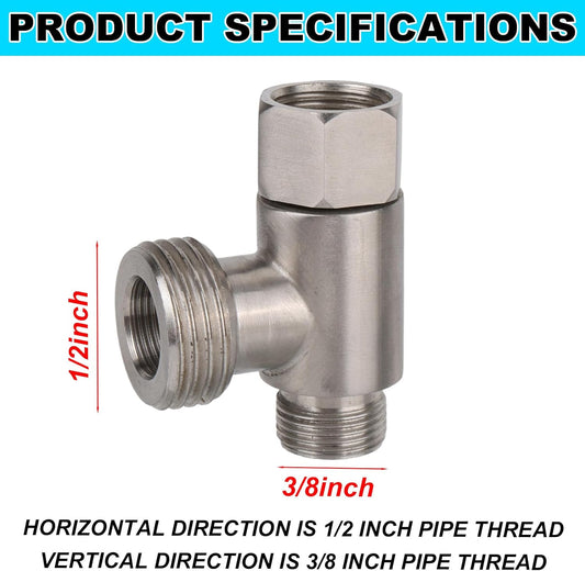 3/8" Bidet T-Valve Adapter, Stainless Steel 3/8" x 1/2" T-Valve with Gasket & PTFE Tape for Toilet Water Tank Connector Replacement Parts Attachments Accessories - PuriLite