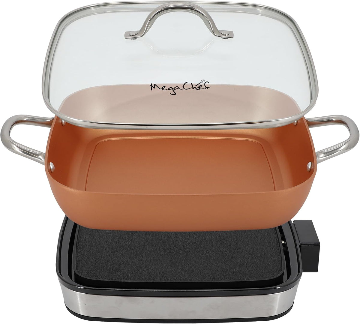 MegaChef - Electric frying pan with copper non-stick coating, tempered glass lid and adjustable temperature control, versatile small kitchen appliance (11.81 inch pan)