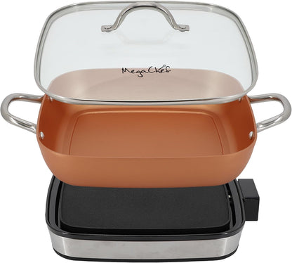 MegaChef - Electric frying pan with copper non-stick coating, tempered glass lid and adjustable temperature control, versatile small kitchen appliance (11.81 inch pan)