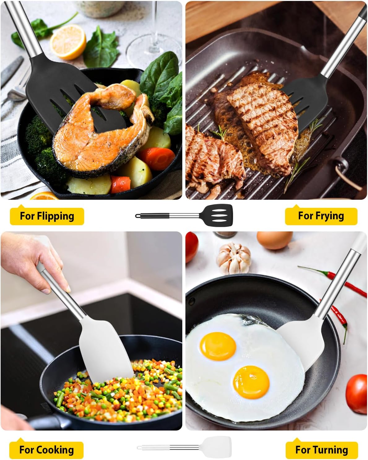 Pack of 2 Silicone Slotted Spatula,Non Stick Solid Kitchen Turner, High Heat Resistant BPA Free Cooking Utensils for Fish, Eggs, Pancakes（Black