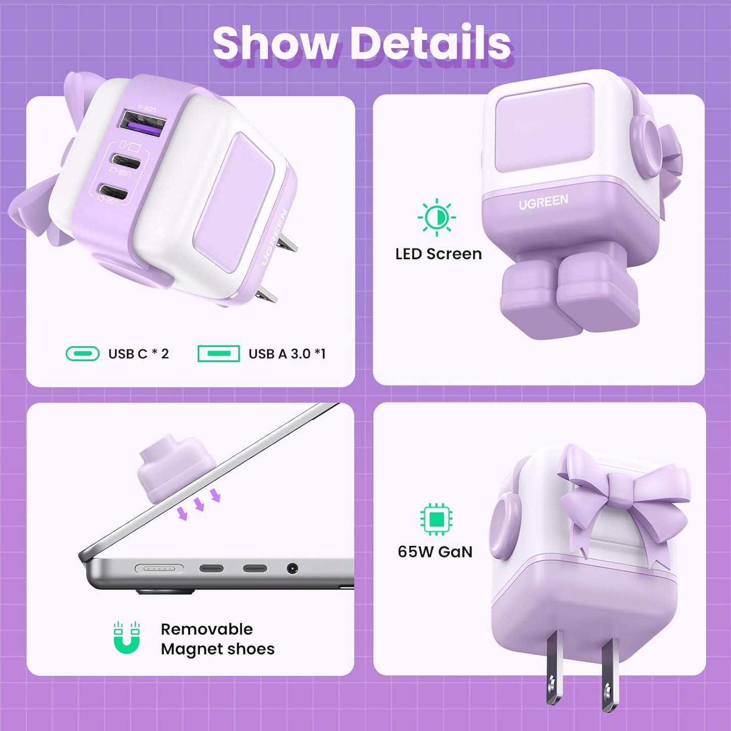 UGREEN Uno 65W USB C Charger, Nexode Robot GaN Fast Charger Block 3-Port, Compact Wall Charger Power Adapter for MacBook Pro/Air, iPhone 15 14 Pro, Galaxy S23 Ultra, Pixel 8, iPad, Steam Deck, Purple