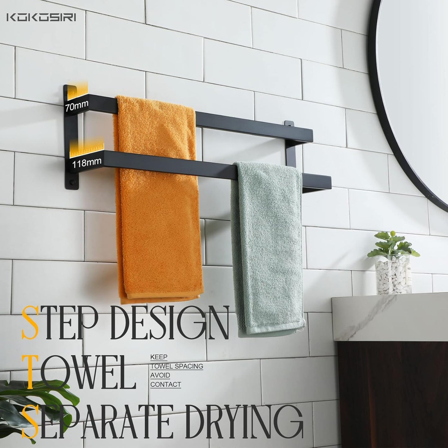 KOKOSIRI Towel Bars Black Bath Towel Holders 20 Inches Bathroom 2-Tiers Ladder Towel Rails Wall Mounted Towels Shelves Rack Stainless Steel, B5008BK-L20