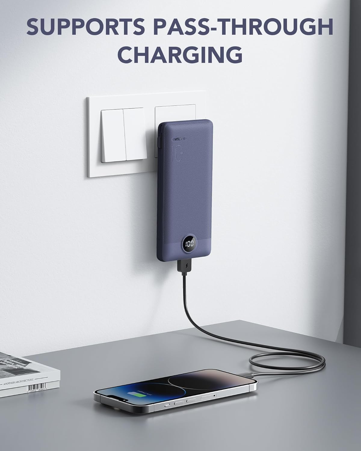 Power Bank Built-in Cables, VRURC 10000mAh Portable Charger USB C, Lightweight Charging Bank Built-in AC Plug, Replacement Battery Compatible with All Kinds of Cellphones, Tablet etc-Blue