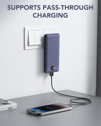 Power Bank Built-in Cables, VRURC 10000mAh Portable Charger USB C, Lightweight Charging Bank Built-in AC Plug, Replacement Battery Compatible with All Kinds of Cellphones, Tablet etc-Blue