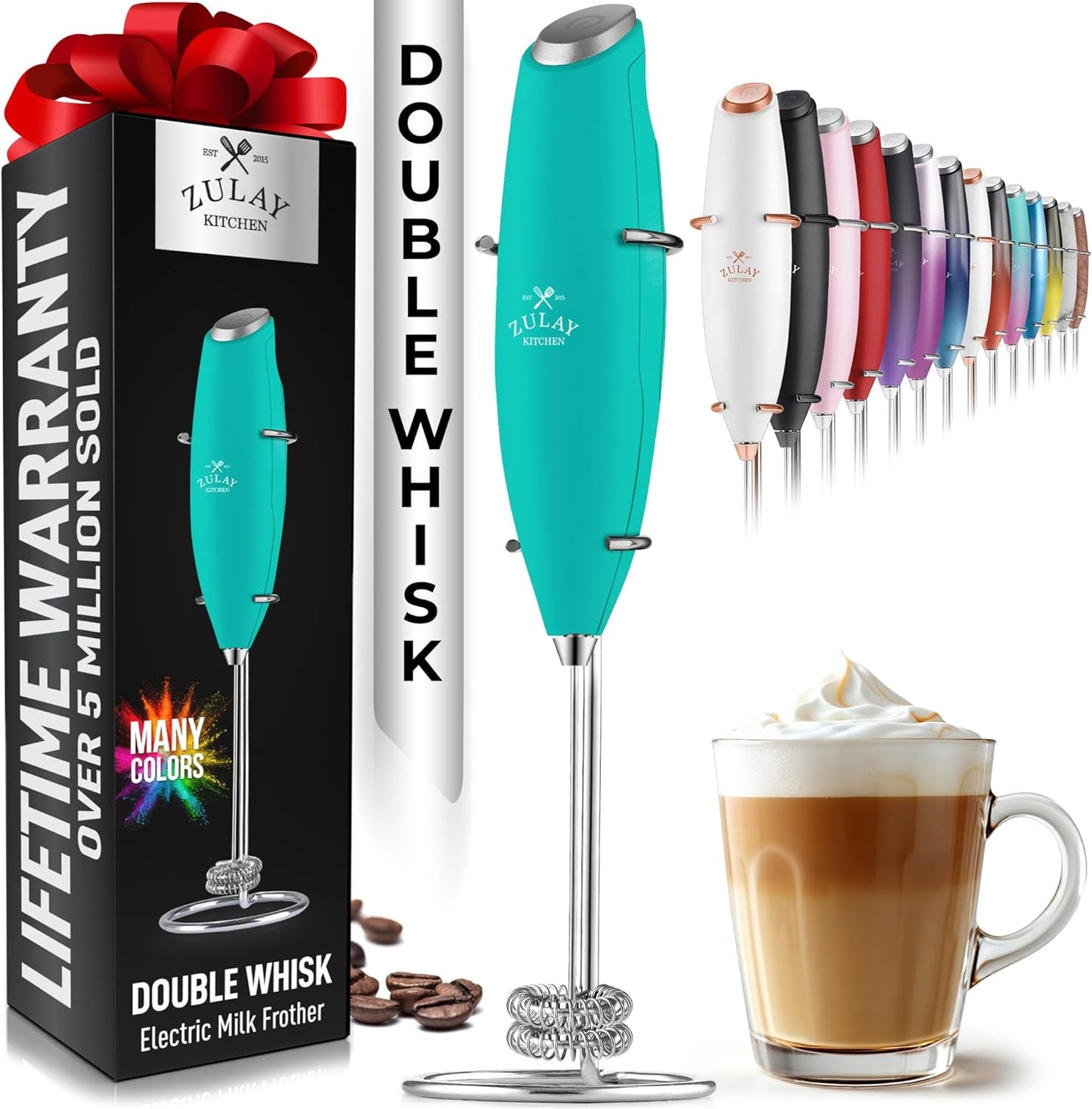 Zulay Kitchen Powerful Double Whisk Milk Frother Handheld - Foam Maker with Stand - Whisk Drink Mixer for Coffee, Mini Foamer for Latte, Matcha, Frappe, Hot Chocolate & Cappuccino (Black)