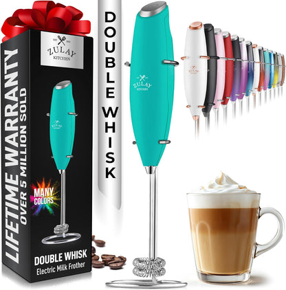 Zulay Kitchen Powerful Double Whisk Milk Frother Handheld - Foam Maker with Stand - Whisk Drink Mixer for Coffee, Mini Foamer for Latte, Matcha, Frappe, Hot Chocolate & Cappuccino (Black)