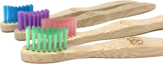 KIDS Bamboo Toothbrush, 4 Pack, Fun Animals, Eco Friendly & Natural, BPA Free, Wooden Toothbrushes, Zero Waste Products, Organic, Vegan, Tooth Brush, Non Plastic, Environmental - PuriLite