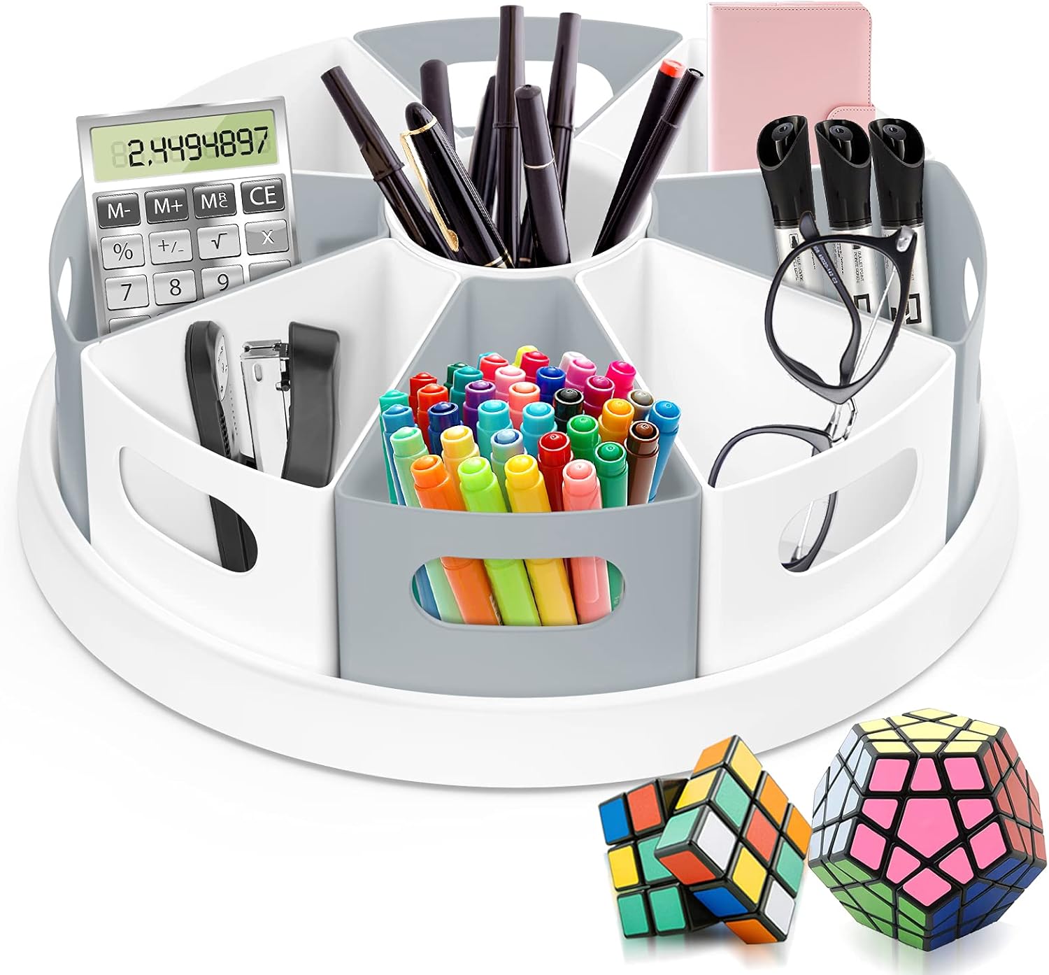 360 Degree Rotating Desk Organizer with Removable Bins, Large Lazy Susan Style Storage Caddy for Office, Home, Makeup, Art and Kitchen Use - PuriLite