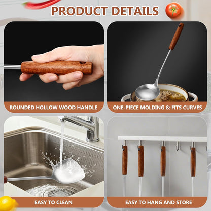 304 Stainless Steel Kitchen Utensils Set, 6 Pcs Long Cooking Utensils Set with Wooden Handle, Large Heat Resistant Kitchen Tools(Dishwasher Safe)