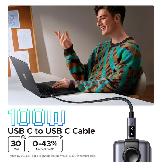 UGREEN Uno USB C Cable 100W USB C to USB C 20V 5A Fast Charging Type C to C Cord Compatible with iPhone 16 15 Series, MacBook Pro Air, Galaxy S25 S24 A54, Pixel 9, iPad, Black, 6ft - PuriLite