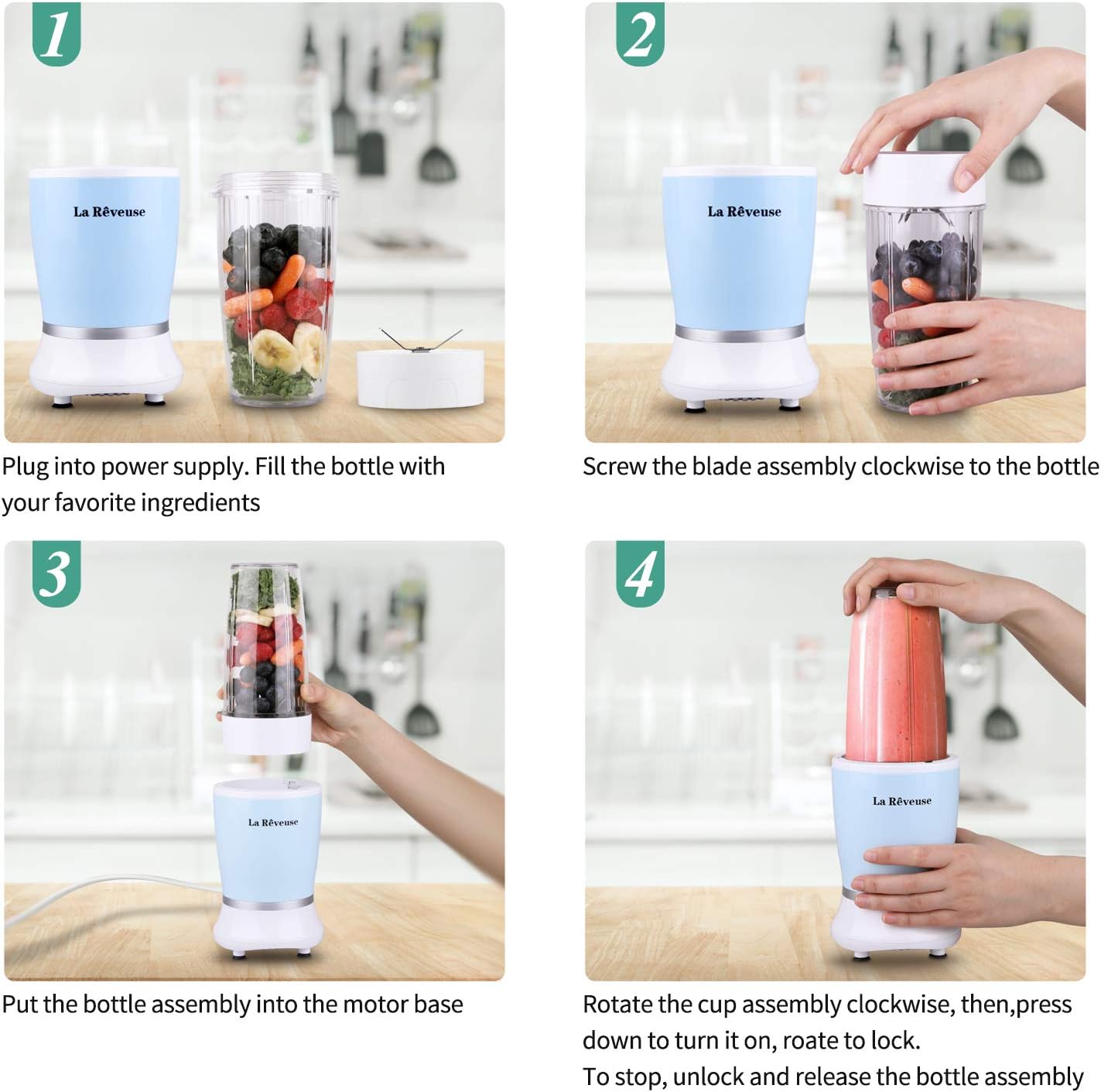 La Reveuse Personal Size Blender 250 Watts Power for Shakes Smoothies Seasonings Sauces with 1 Piece 15 oz Cup,1 Piece 10 oz Mug,BPA Free (Black)