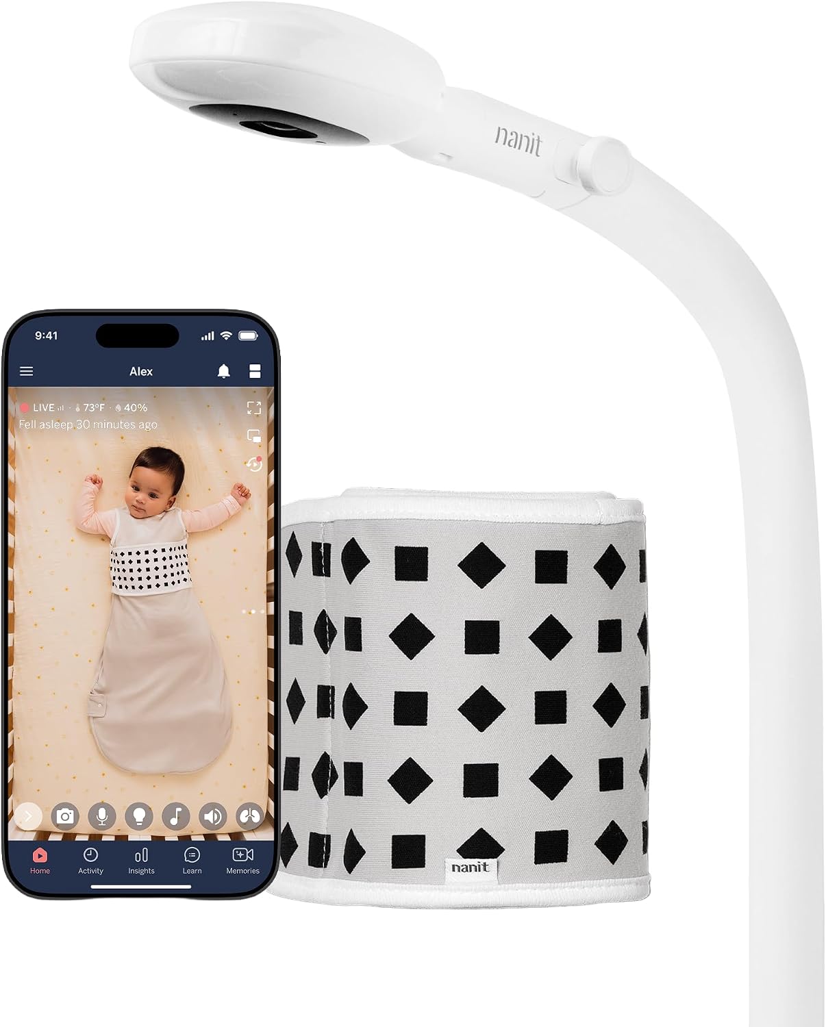 Pro Smart Baby Monitor | 1080p HD Wi-Fi Camera | Breathing Band | Sleep Tracking | 2-Way Audio | Floor Stand | White