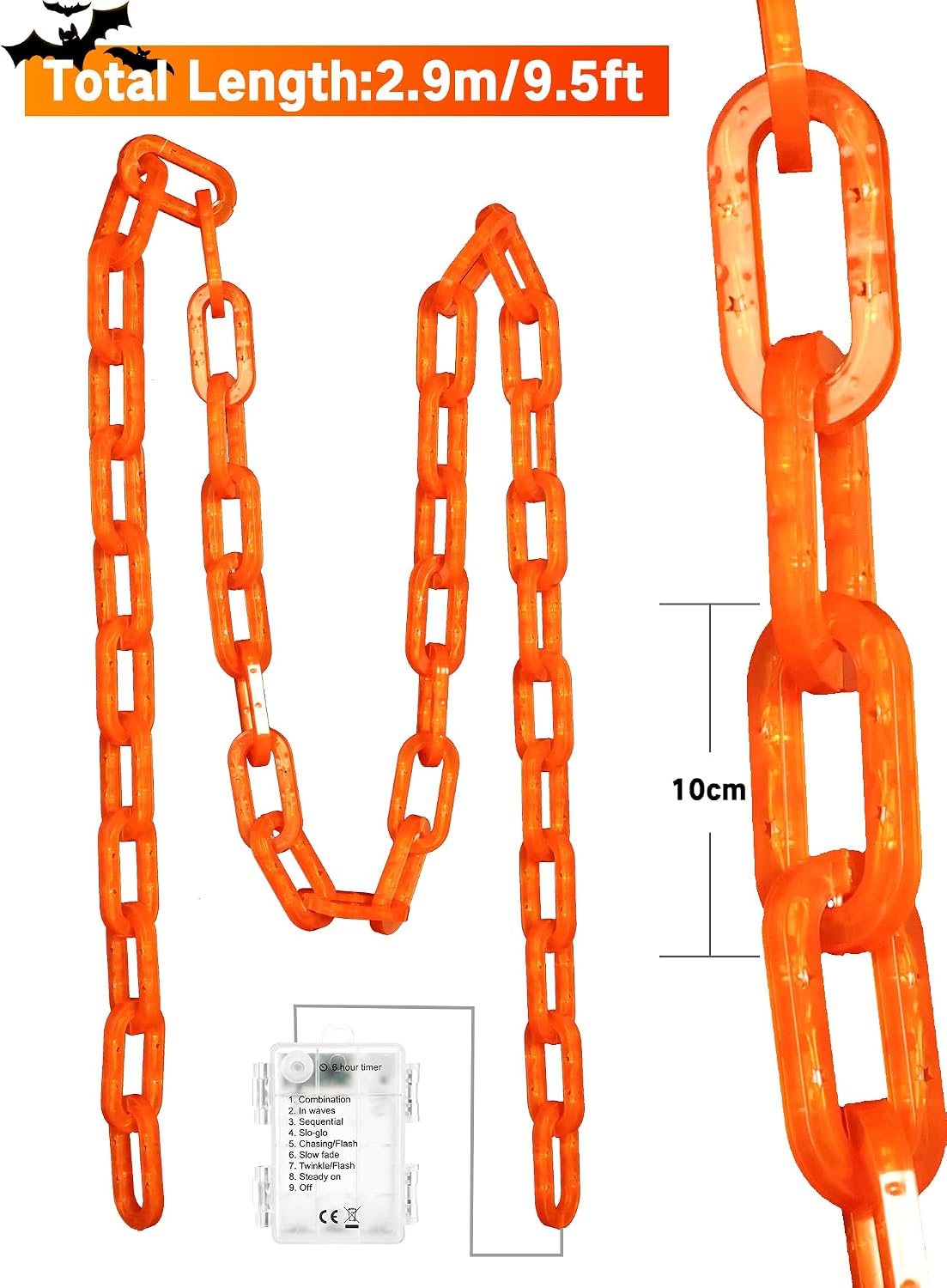 Battery Halloween Chain Lights 10 FT 160 LED Orange Light-Up Plastic Timer