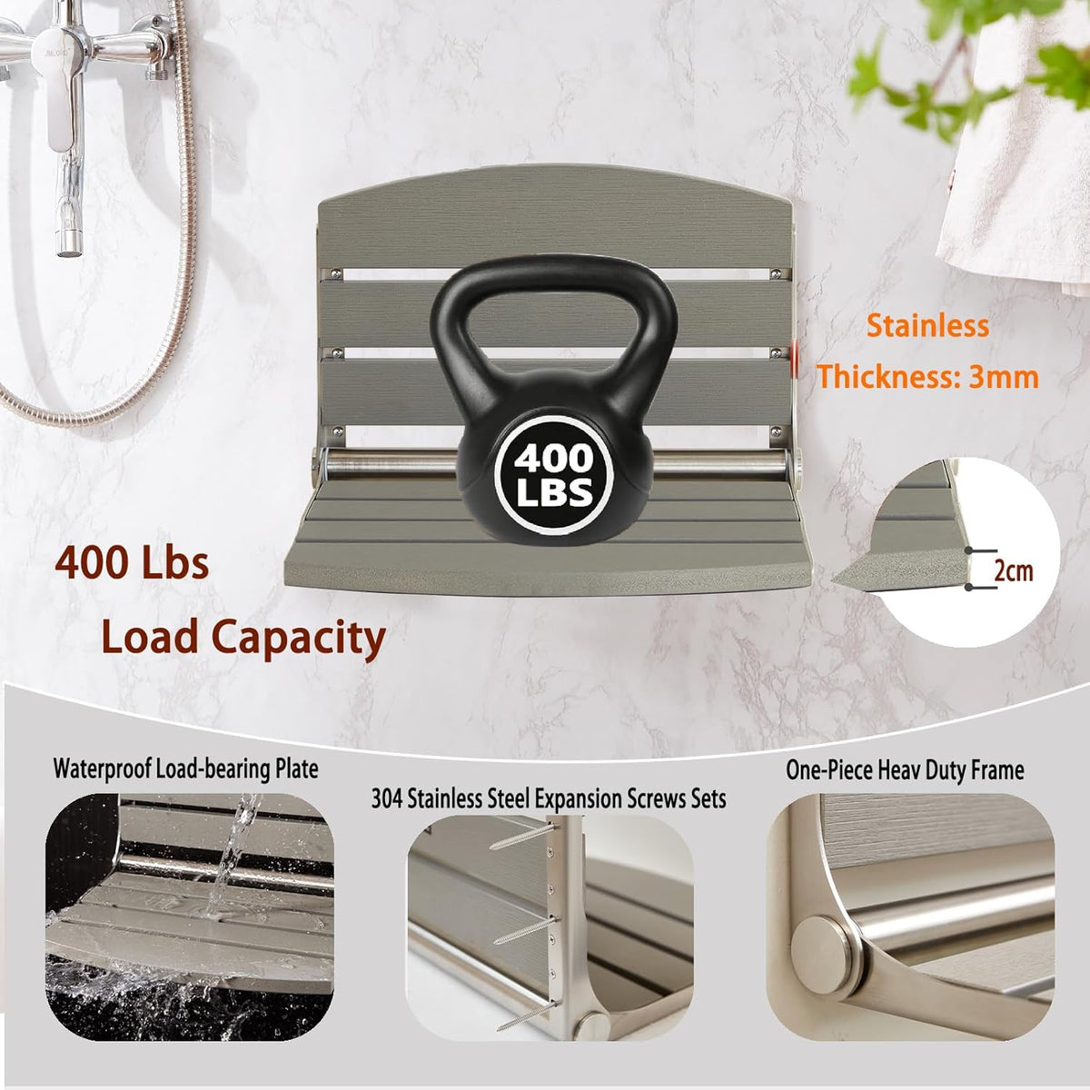 17.5" Folding Shower Seat Wall Mounted,Foldable Shower Bench,Fold Down Shower Seat,Folding Shower Seat Bench,Wall Mount Shower Seat Bench Chair (Grey) | save space