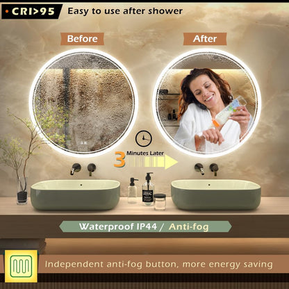 KWW Round Mirror Bathroom LED Lighted Mirror, Illuminated Dimmable Anti-Fog Wall-Mounted Makeup Vanity Mirror with Lights (24L x 24W inches)