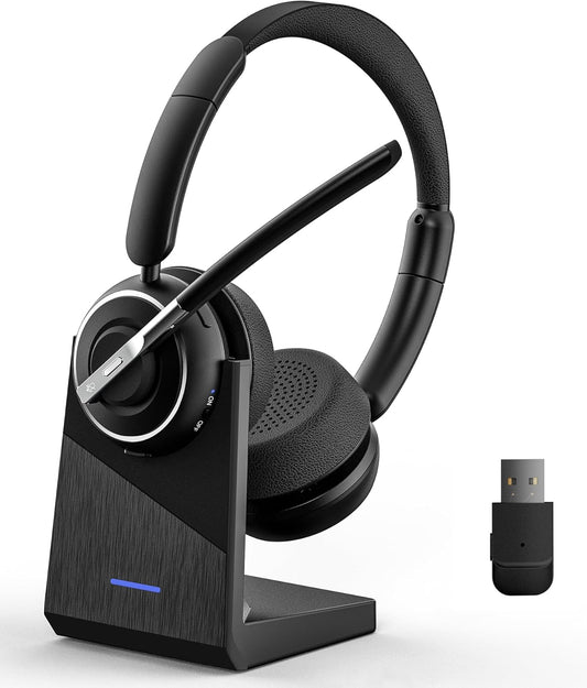 (Upgraded Version) PrancyBt Wireless Headset, Bluetooth Headset with AI Noise Cancelling Mic, Bluetooth V5.2 Headphones with USB Dongle, Charging Base & Mic Mute for PC/Cell Phones/Call Center