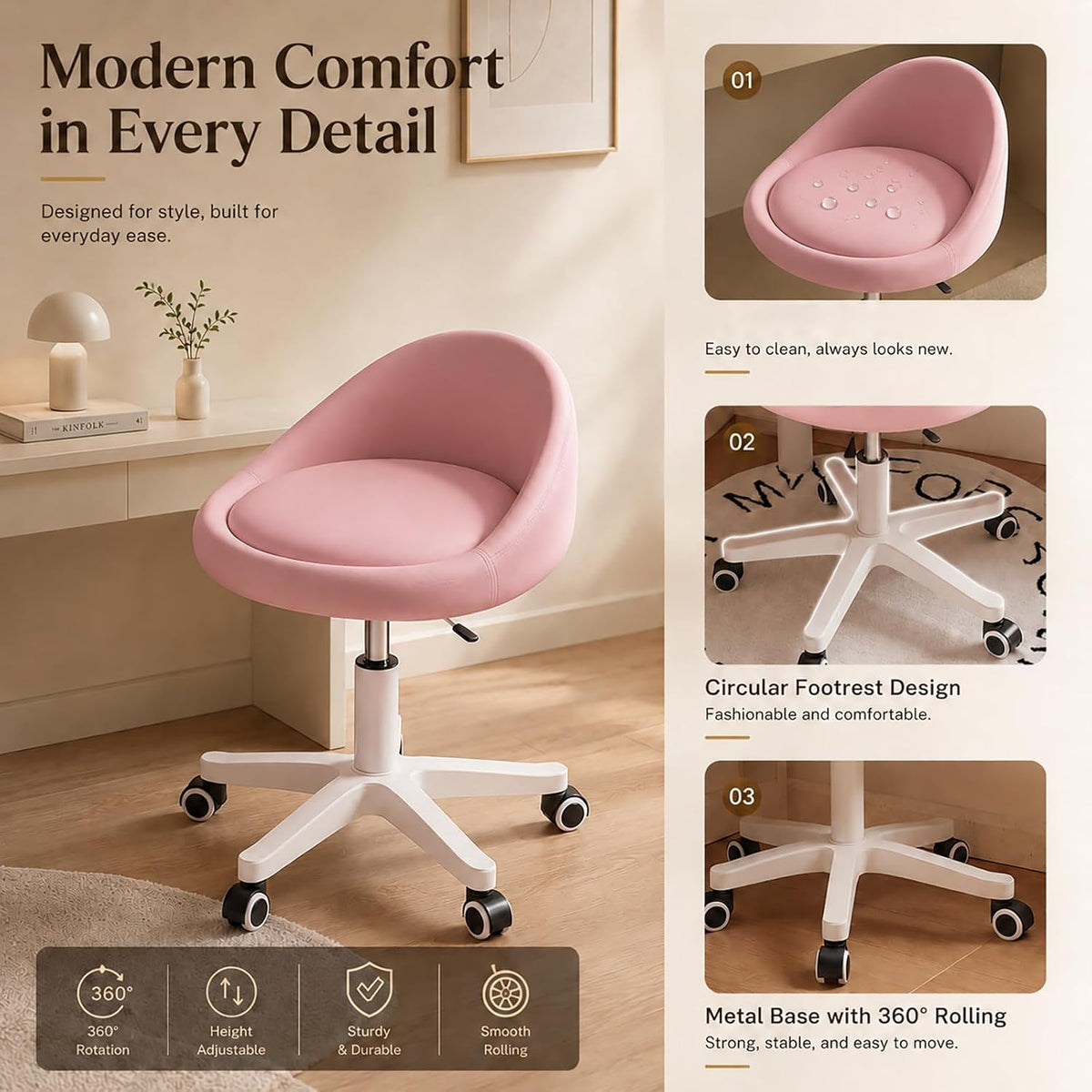 Rolling Stool with Backrest, Adjustable Swivel Stool with Wheels