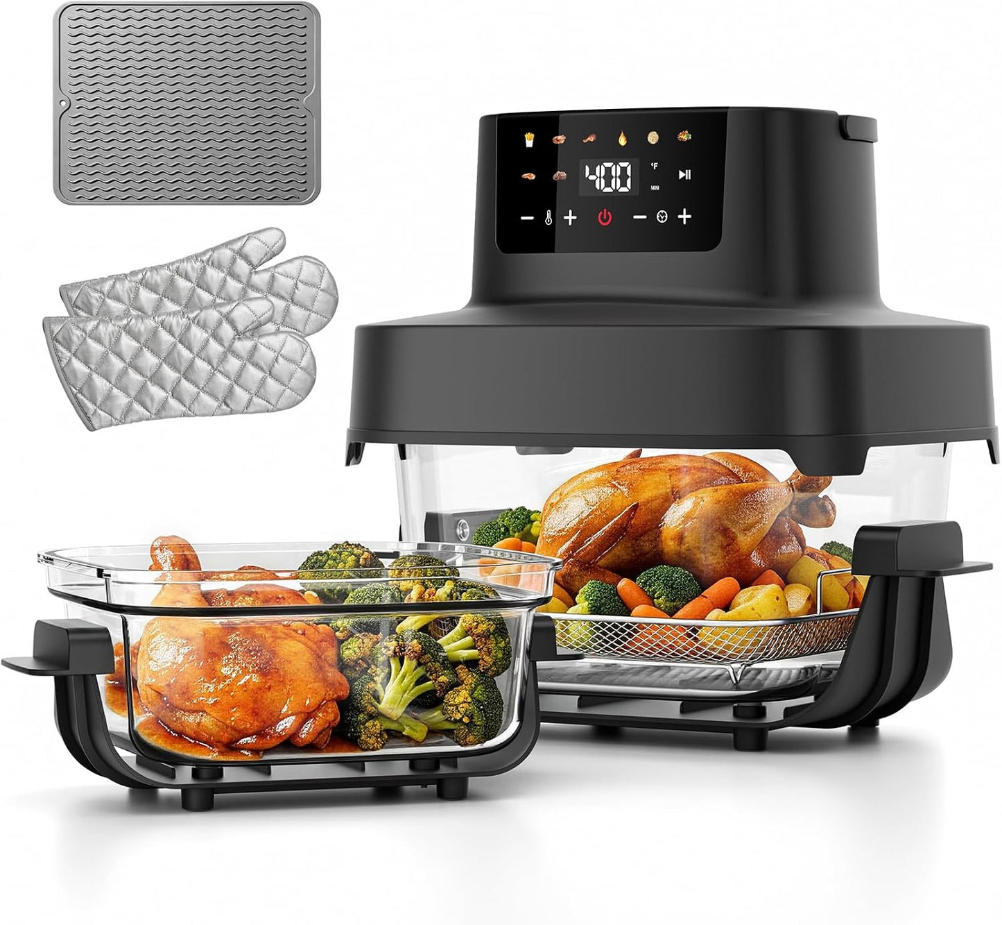 Glass Air Fryer Non Toxic, 6.3QT & 4.4QT Air Fryer with Dual Glass Baskets with Lids, 8-in-1 Portable Air Fryers Cristal, PFOA & PFAS-Free, Dishwasher Safe, Crispy Family Meals
