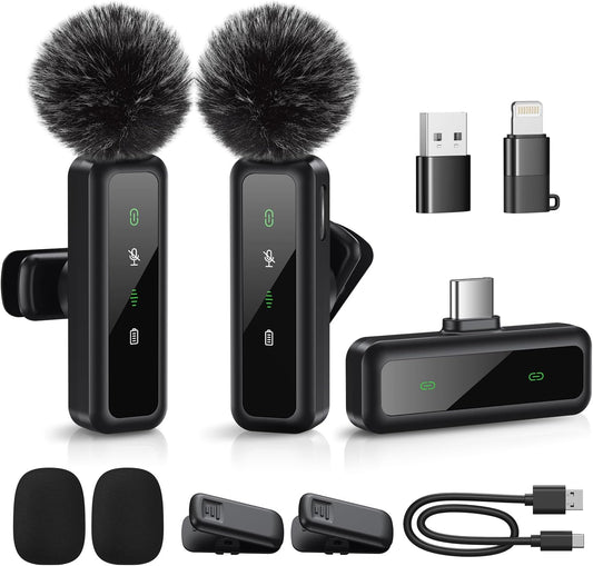 Mini Microphone, Wireless Lavalier Microphone for iPhone, iPad, Android, 2-Pack Mini Mic with Noise Reduction, Auto Pairing and Mute & Reverb for Vlogging, Video Recording, Live Streaming, Interview