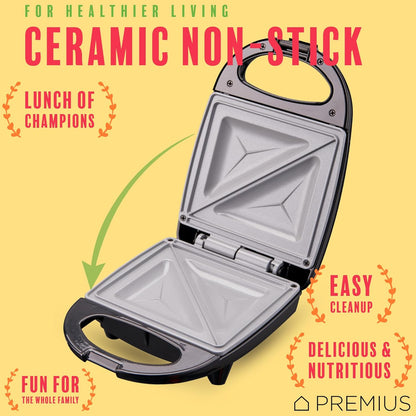 PREMIUS Ceramic NonStick Mini Snack Sandwich Maker, Indicator Light, 5x4.4 Inch Mold, Great for French Toast, Tuna Melt, Egg & Grilled Cheese, Pancake Sandwich, Desserts, Toasties, 520 W (Red)