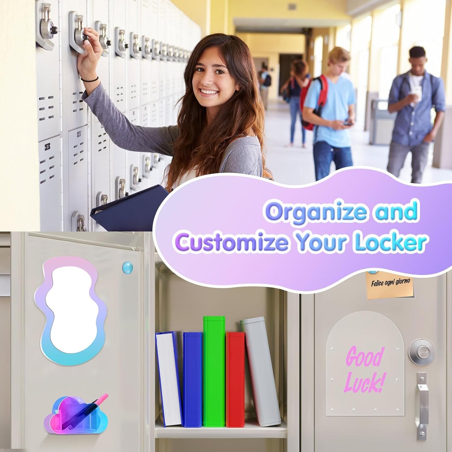 MoKo 10Pcs Locker Accessories for Girls, Back to School Supplies | Includes an acrylic board, locker mirror, eraser, pen holder, 2 marker pens and 4 round magnets for metal surfaces.
