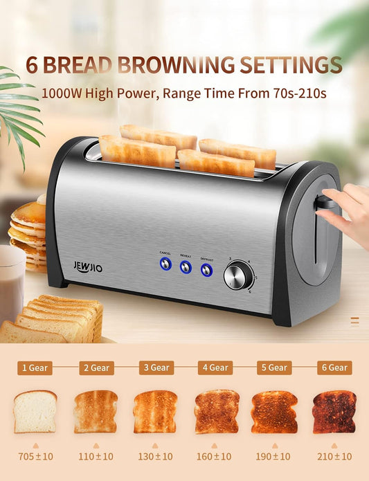 4-Slice Toaster with Extra-Wide 1.25" Slots & Independent Controls | 1300W for Fast, Even Heating | Defrost, Reheat, Cancel Functions | Removable Crumb Tray Brush Silver