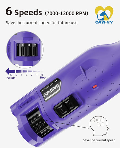 Casfuy Dog Nail Grinder Quiet - (45db)6-Speed Pet Nail Grinder with 2 LED Lights for Large Medium Small Puppy Dogs/Cats, Professional 3 Ports Rechargeable Electric Dog Nail Trimmer with Dust Cap(Blue)