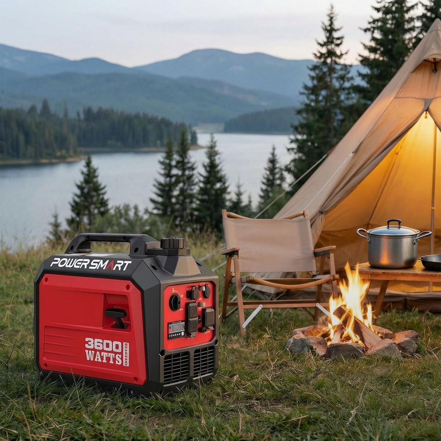 PowerSmart 3600W Portable Inverter Generator, Whisper Quiet Generator for Home Use, Camping, RV Ready, Gas Powered, Black & Red, Lightweight & Compact Design