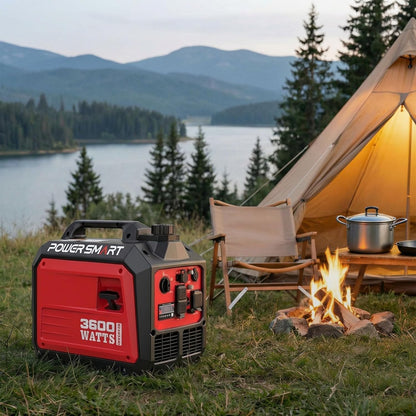 PowerSmart 3600W Portable Inverter Generator, Whisper Quiet Generator for Home Use, Camping, RV Ready, Gas Powered, Black & Red, Lightweight & Compact Design