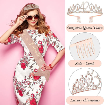 8pcs 40th Birthday Decorations gifts for Women, Including 40th Happy Birthday Cake Topper, Queen Sash with Pearl Pin, Sweet Rhinestone Tiara Crown for Women, Number Candles and Balloons (Rose Gold)