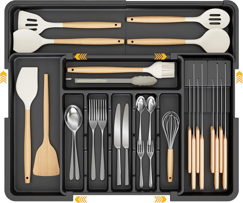 Ceecysaa Cutlery Tray Drawer Organizer with Removable knife blocks, Expandable Utensil Tray for Kitchen,Adjustable Plastic Storage and Storage Drawer Divider for Spoons Forks Knives,Large, Black