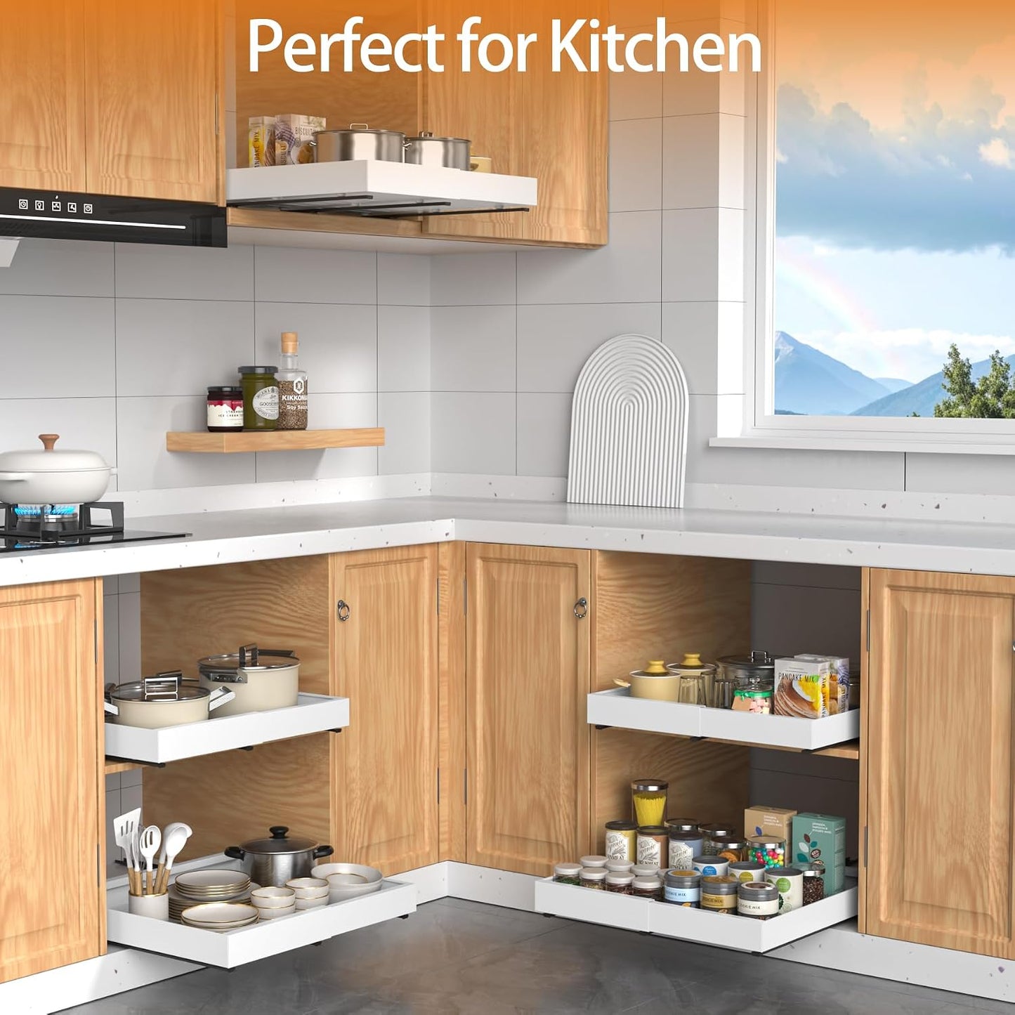 2 Pack Expandable Pull Out Cabinet Organizer, 21"Deep Slide Out Drawer with Nano Adhesive, Upgrade 3 Slide Rails Roll Out Shelf for Kitchen, Pantry or Bathroom, Adjustable Width 12.4"-20.2"