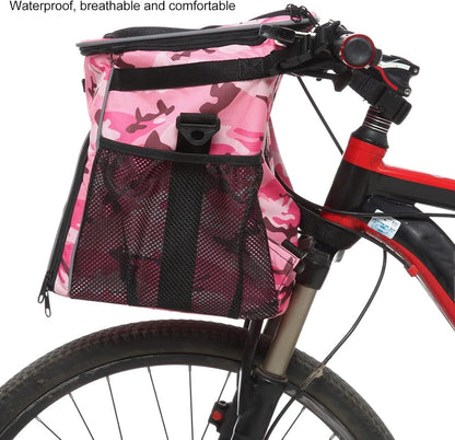 Dog Bike Basket, Waterproof Pet Bike Carrier, Removable Front Carrier Backpack with Side Pockets, Protable Pet Travel Bag for Outdoor, Road Trips, Dog Walking (Pink Camo)