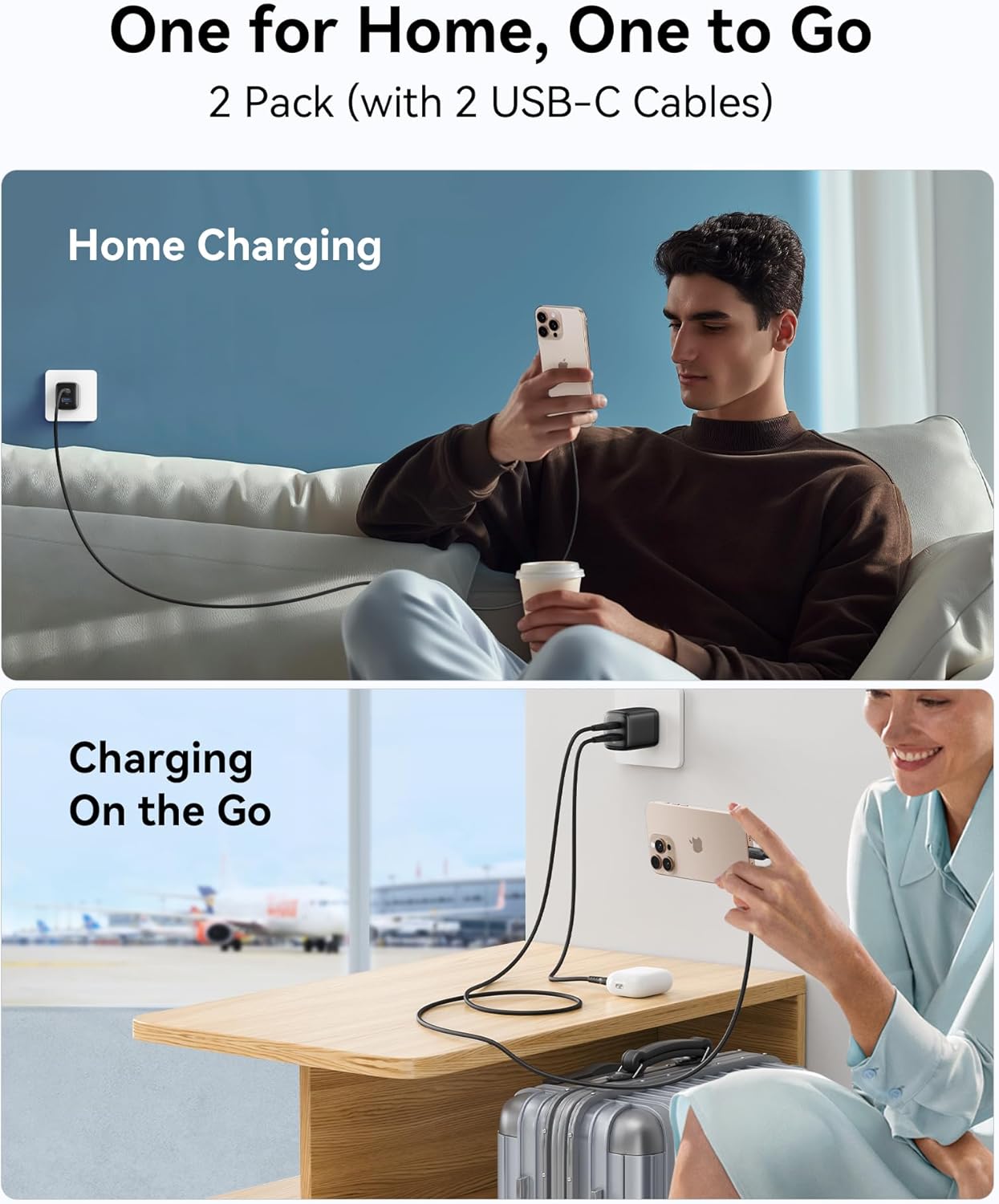 INIU USB C Charger, 2-Pack 30W PD QC 3.0 Dual Port Fast Charging Type C Charger Block With 5ft USB-C Cable, Compact USB C Wall Charger with Foldable Plug for iPhone 16 15 14 Pro Max Samsung S23, White