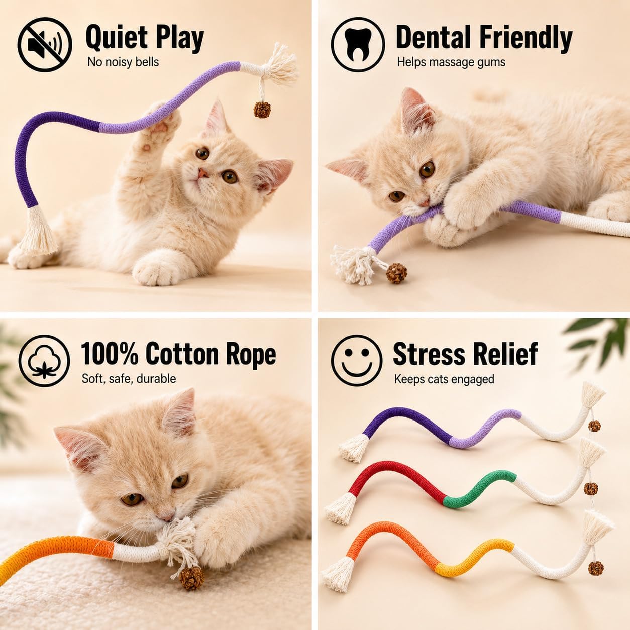 Cat Chew Long Rope Toys(27.5 Inch) 3PCS Refillable Catnip and Silvervine, Interactive Toy for Indoor Cats & Kittens, Safe Dental Chew Toys for Teeth Cleaning & Stress Relief