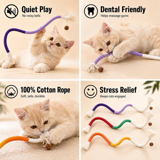 Cat Chew Long Rope Toys(27.5 Inch) 3PCS Refillable Catnip and Silvervine, Interactive Toy for Indoor Cats & Kittens, Safe Dental Chew Toys for Teeth Cleaning & Stress Relief