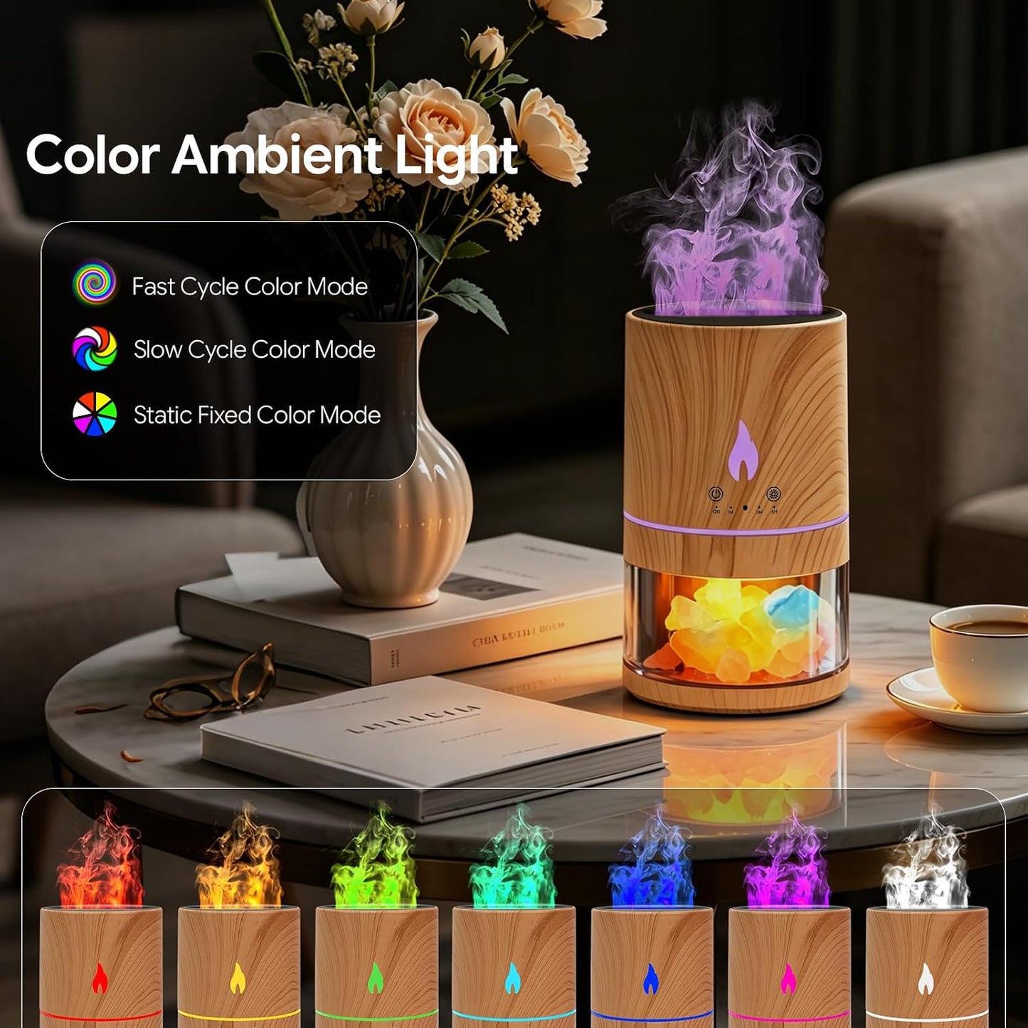 5-in-1 Flame Himalayan Salt Lamp Ultrasonic Essential Oil Diffuser, Cool Mist Humidifier, 1H/3H/6H Timer, Auto Shut-Off, Quiet Aromatherapy, 100% Pure Salt Crystals, 250ml (Wood)