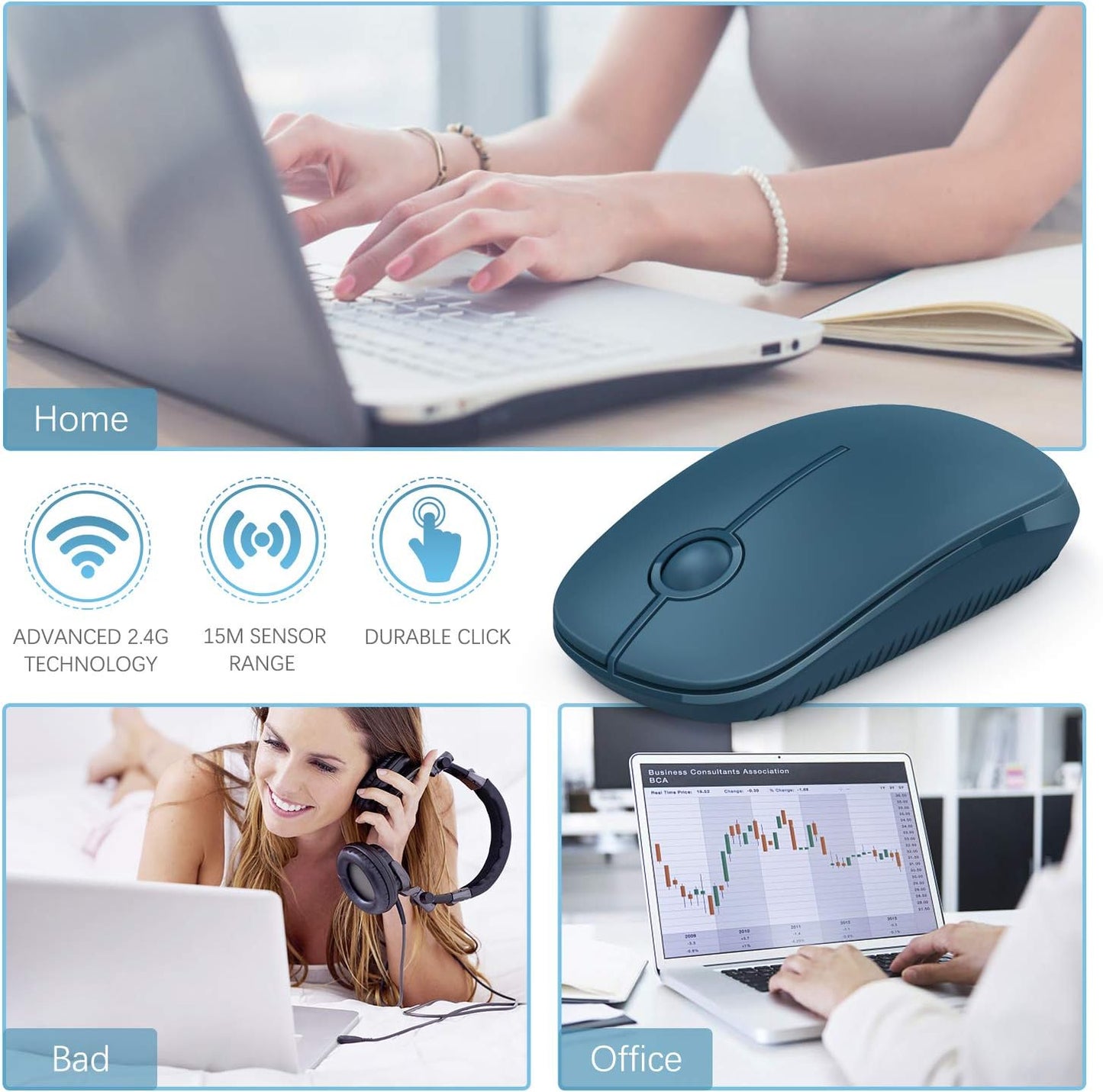 Wireless Mouse, Vssoplor 2.4G Slim Portable Computer Mice with Nano Receiver for Notebook, PC, Laptop, Computer (White and Silver)