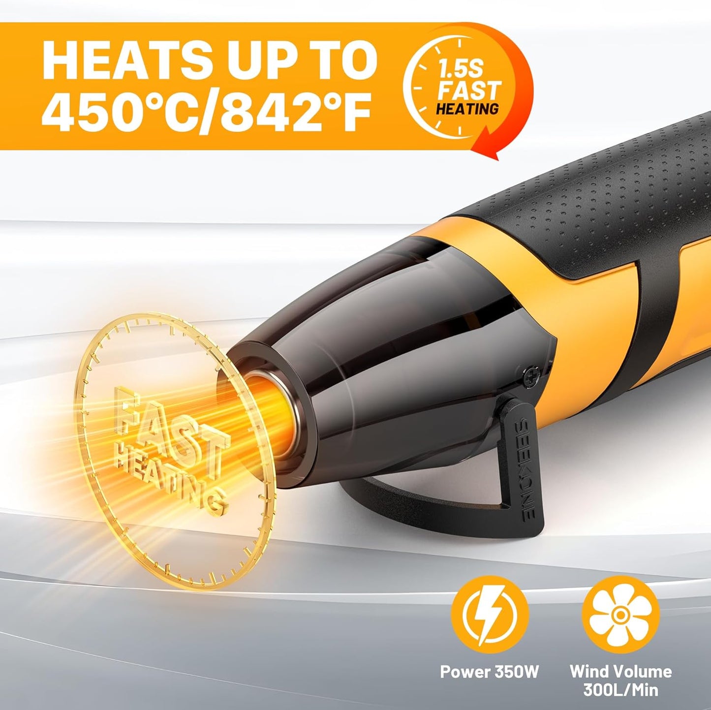 SEEKONE Mini Heat Gun, 350W 2-Temp Settings 260℃& 450℃（500℉ & 842℉） Fast Heat Hot Air Gun Tool with Reflector Nozzle and 4.9Ft Long Cable Overheat Protection for Crafting, Vinyl Wrap and Shrink Tubing