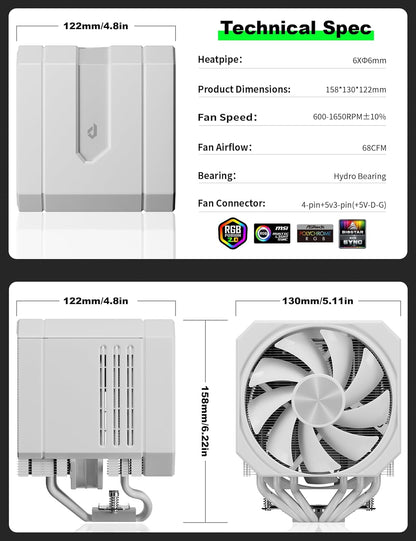 upHere White Dual-Tower 5V ARGB CPU Air Cooler, 6×Ф6mm Heatpipes,Dual PWM Fan Computer Cooling,TDP 265W, Intel LGA2066/2011/1700/1851/1200/115X; AMD AM4/AM5 (158mm in Height) up2TC6