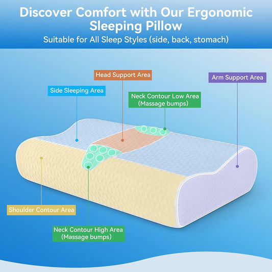 Sandwich Cervical Neck Pillow Queen Size, Memory Foam Pillow for Sleeping, Adjustable Contour Ergonomic Orthopedic Cooling Pillow for Side, Back & Stomach Sleepers（Soft）