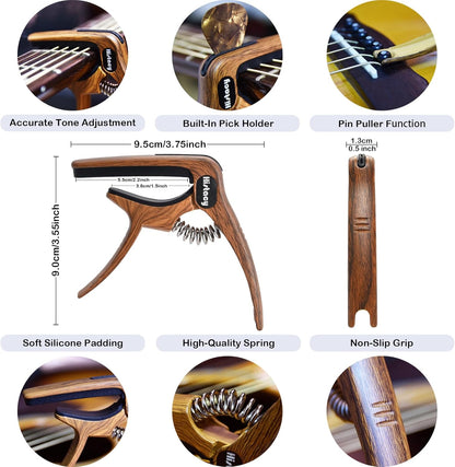 Guitar Accessories Kit: Wooden Stand, Strap, Clip-On Tuner, 3-in-1 Capo, 30 Picks for Acoustic, Electric Guitar, Bass & Ukulele, All-in-One Perfect Guitar Gift Set for Men & Beginners & Pros
