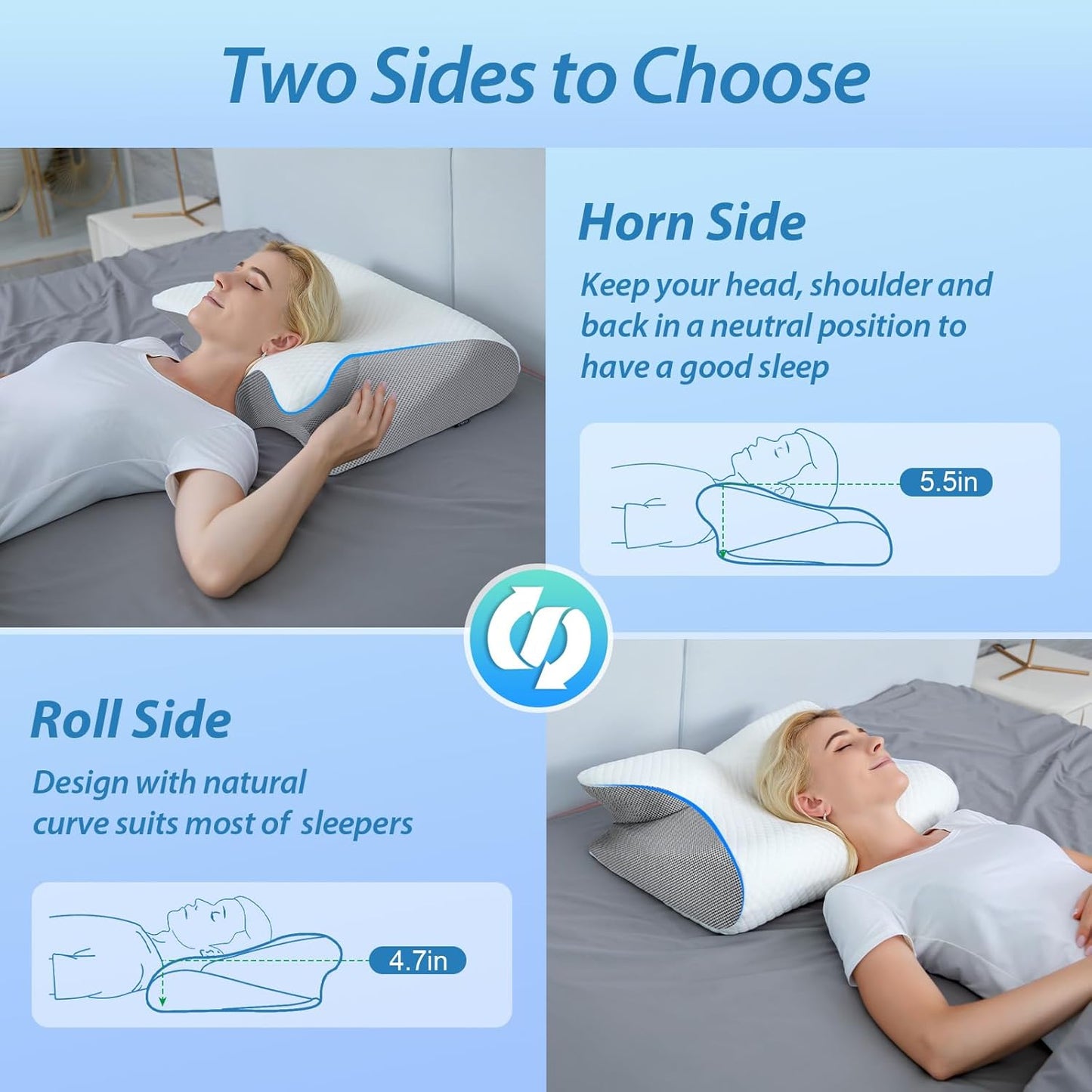 HOMCA Memory Foam Pillow, 2 in 1 Cervical Pillow for Neck Pain Relief, Ergonomic Neck Support Pillows for Side Back Stomach Sleepers with Breathable Pillowcase (Gray)
