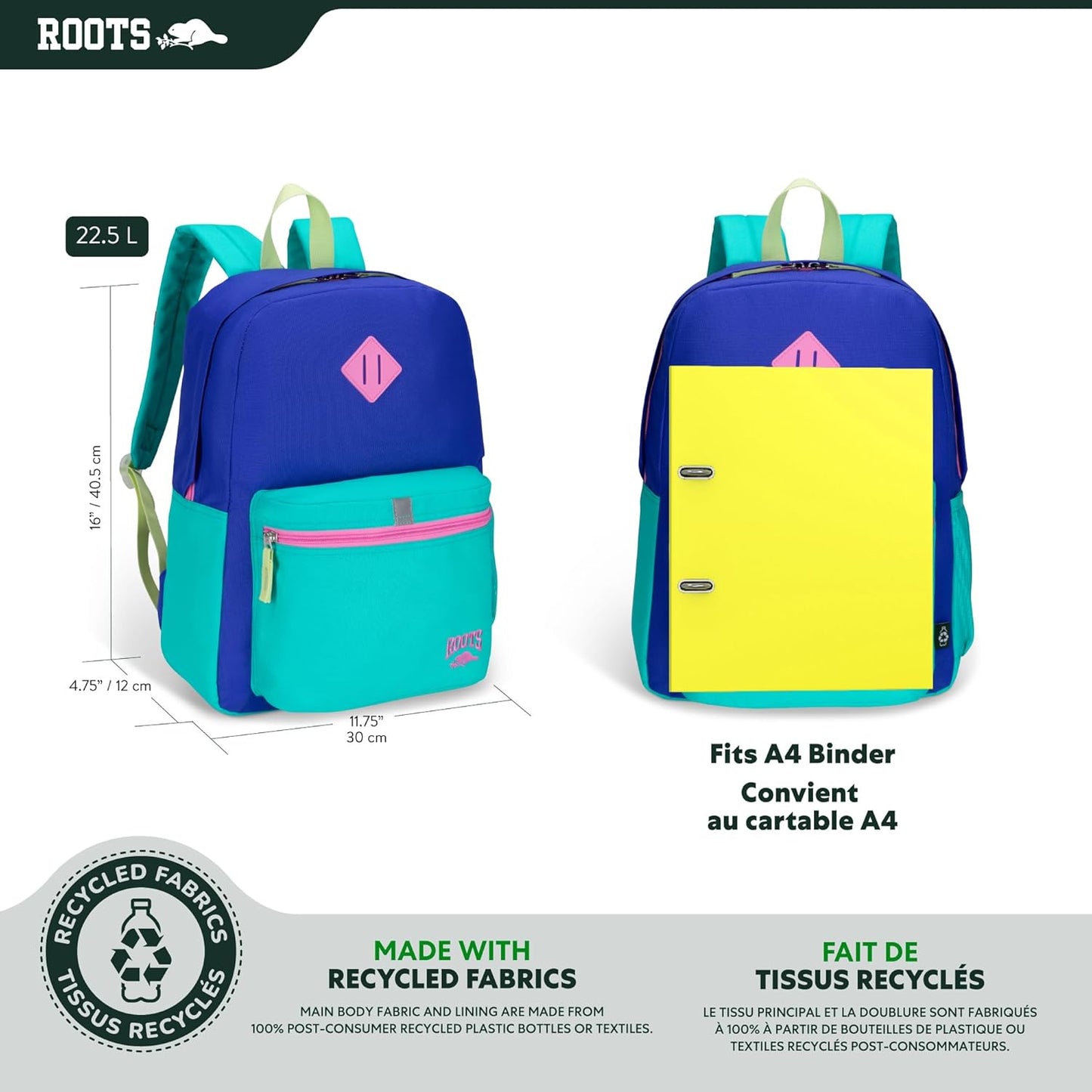 Roots Kids Lightweight Backpack — Made from 100% Recycled Fabrics with Rain Flap, Bottle Pocket, Reflective Accent, and Back Padding — 22.5 litres, Pink & Purple