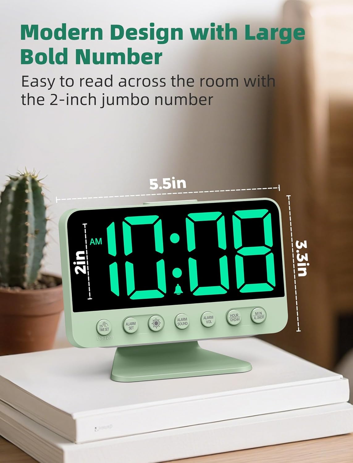 Odokee Digital Alarm Clocks for Bedrooms: Large Bold Number 5 Brightness Dimmer - Easy to Read Across The Room - 5 Alarm Sound 8 Night Light - Silver