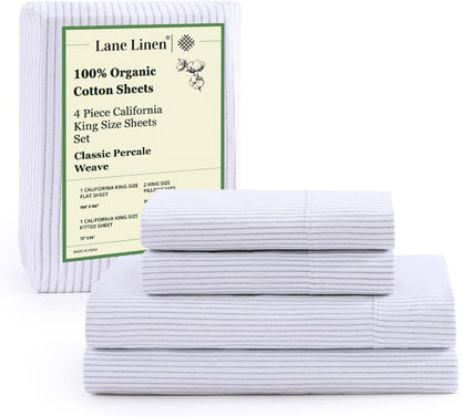 Lane Linen 100% Organic Cotton Queen Sheet Set, 4-Piece Percale Bed Sheets for Queen Bed - Soft, Breathable, Hypoallergenic, Deep Pocket Fits Mattress Up to 15" Deep, Hotel Quality Sheets - White